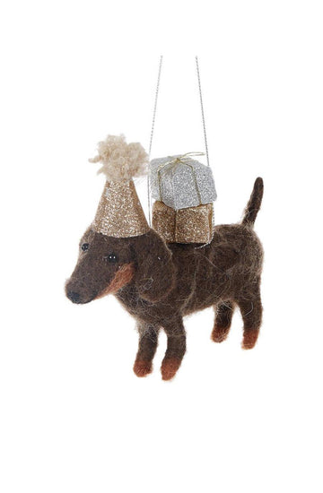 Wool Dachschund with Party Hat Christmas Ornament - Hello Little Birdie