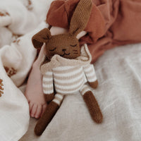 Main Sauvage Bunny Knitted Soft Toy, Sand Striped Romper - Hello Little Birdie
