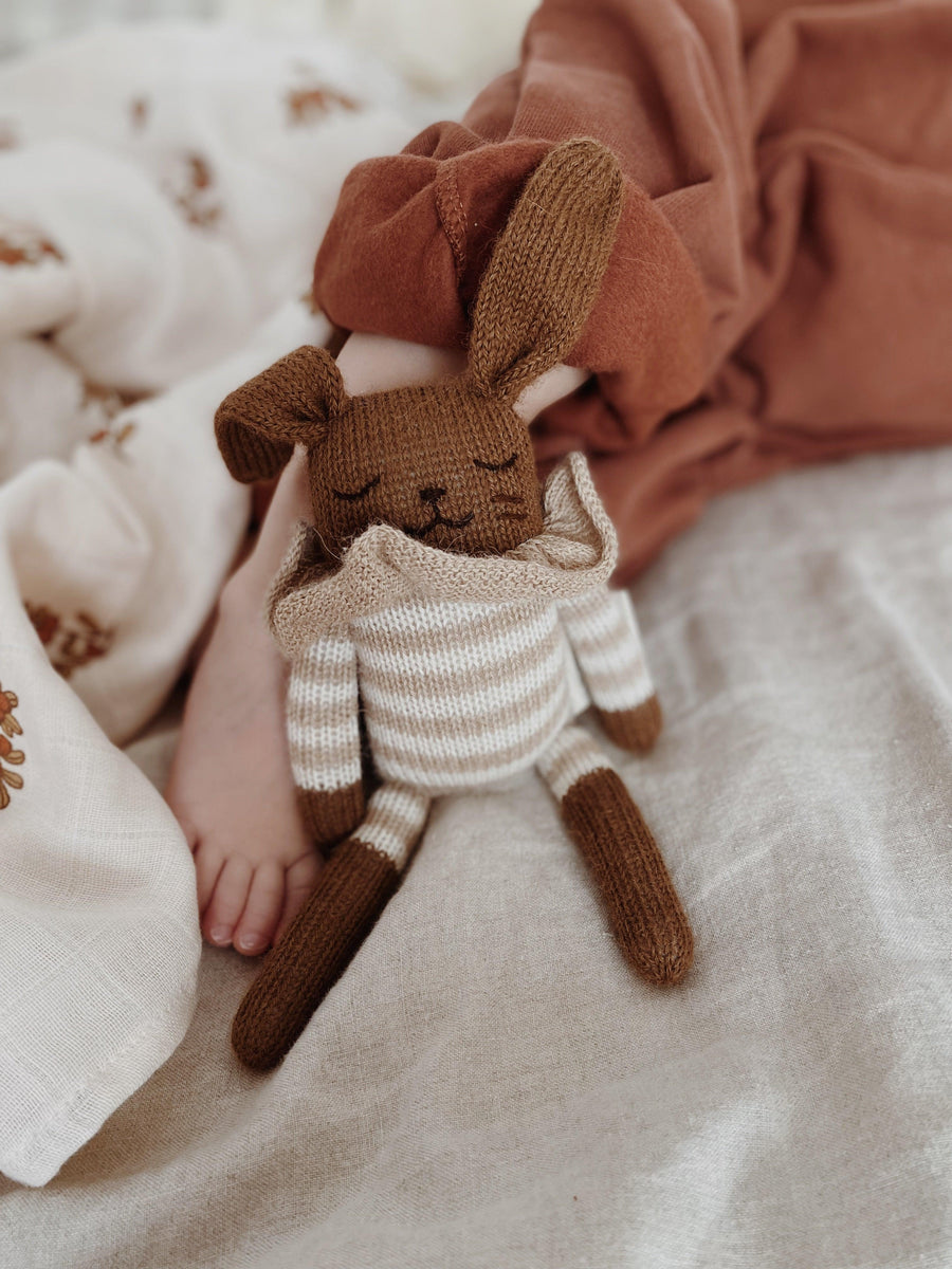 Main Sauvage Bunny Knitted Soft Toy, Sand Striped Romper - Hello Little Birdie