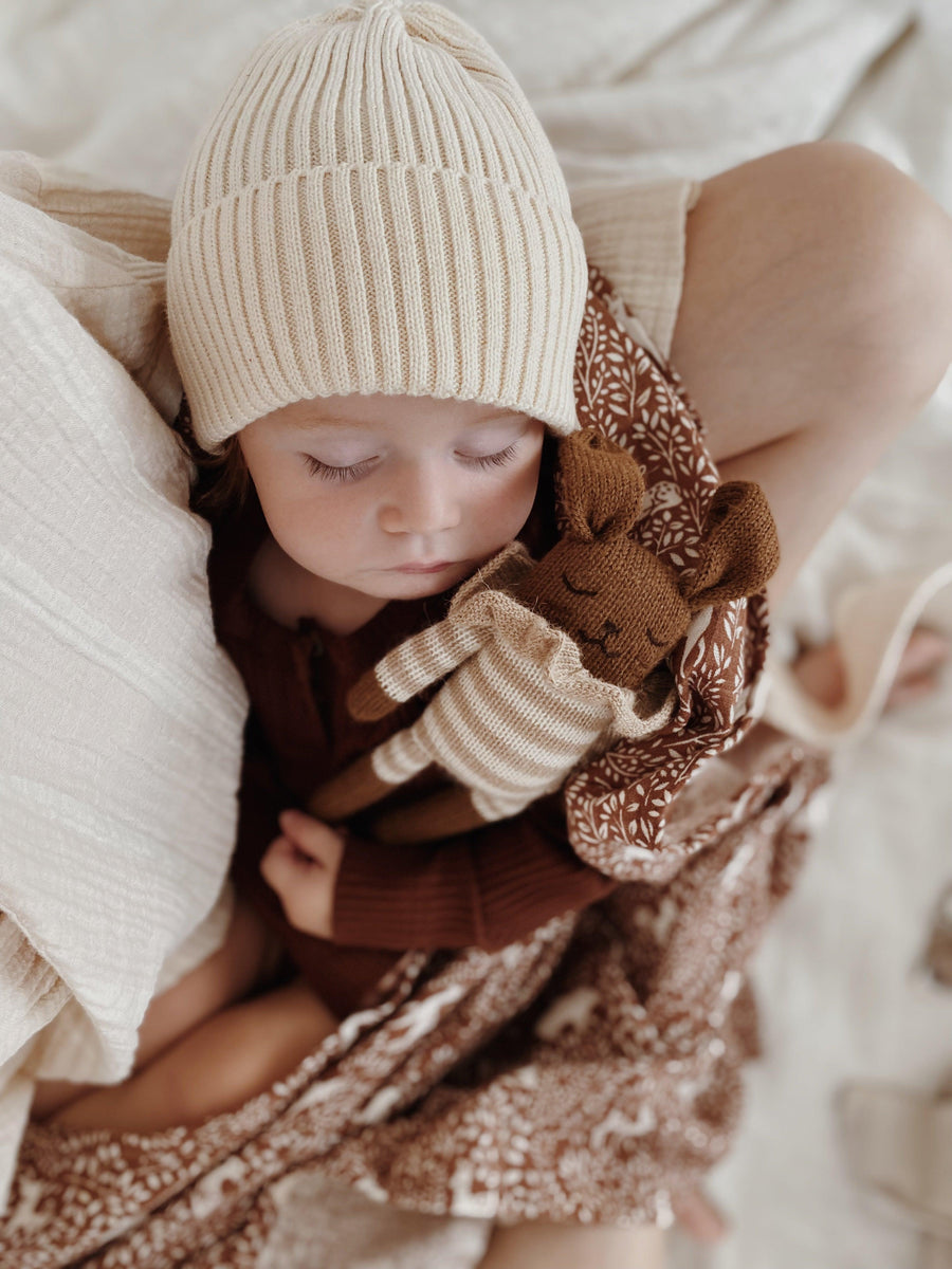 Main Sauvage Bunny Knitted Soft Toy, Sand Striped Romper - Hello Little Birdie