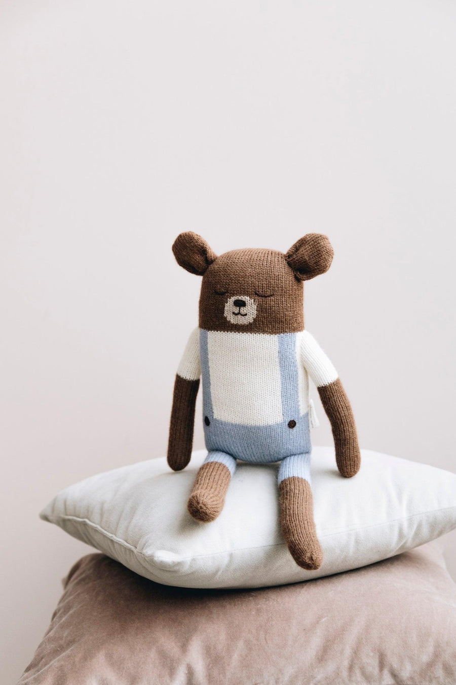 Main Sauvage Knitted Big Teddy Soft Toy, Blue Overalls - Hello Little Birdie