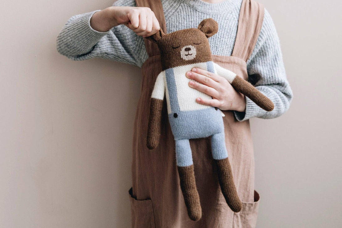 Main Sauvage Knitted Big Teddy Soft Toy, Blue Overalls - Hello Little Birdie