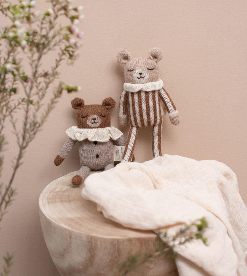 Main Sauvage Teddy Knitted Soft Toy, Nut Striped Jumpsuit - Hello Little Birdie