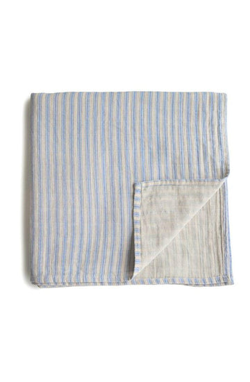 Mushie Muslin Swaddle Blanket Organic Cotton, Blue Stripe - Hello Little Birdie