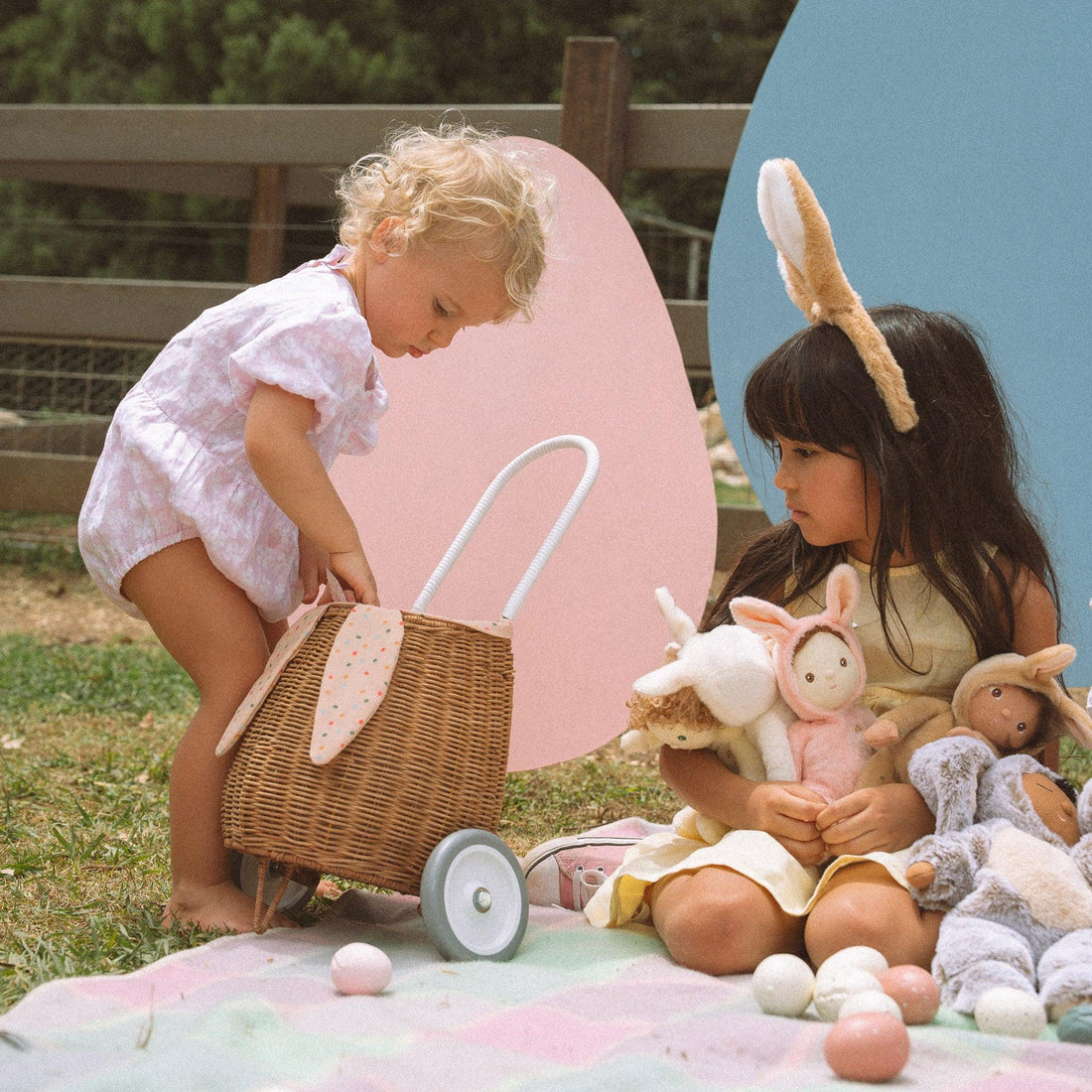 Olli Ella Rattan Bunny Luggy with Lining, Gumdrop - Hello Little Birdie