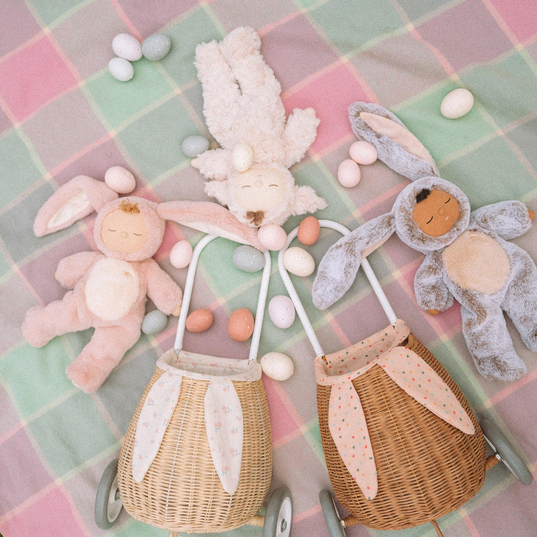 Olli Ella Rattan Bunny Luggy with Lining, Pansy - Hello Little Birdie