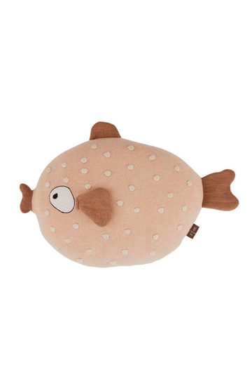 OYOY Children's cushion in the shape of a pink fish with white polka dots, and terracotta pout and fins.