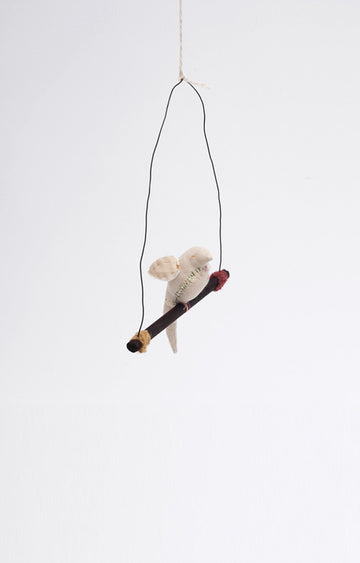 Tamar Mogendorff, Bird on a wood perch In White - Hello Little Birdie